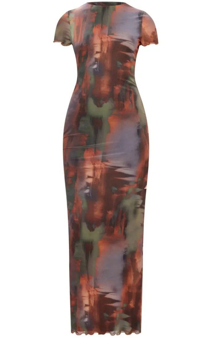 Abstract Print Mesh Lettuce Hem Maxi Dress-PrettyLittleThing New