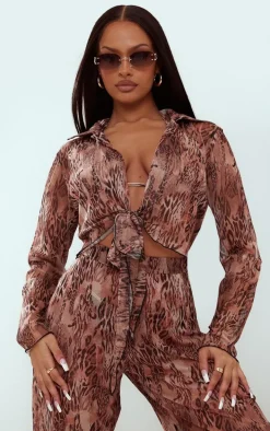 Brown Abstract Print Plunge Tie Front Long Sleeve Shirt