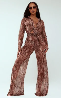 Brown Abstract Print Plunge Tie Front Long Sleeve Shirt