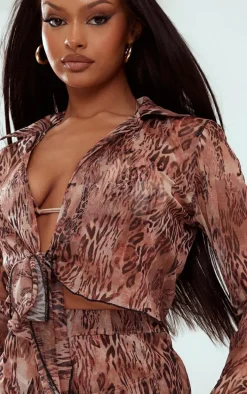 Brown Abstract Print Plunge Tie Front Long Sleeve Shirt
