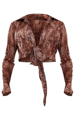 Brown Abstract Print Plunge Tie Front Long Sleeve Shirt