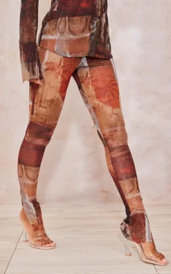 Outlet PrettyLittleThing Abstract Printed Mesh Leggings Brown