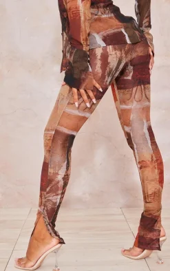 Outlet PrettyLittleThing Abstract Printed Mesh Leggings Brown