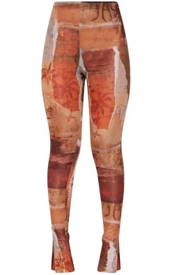 Outlet PrettyLittleThing Abstract Printed Mesh Leggings Brown