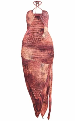Abstract Printed Slinky Halterneck Cut Out Maxi Dress-PrettyLittleThing New