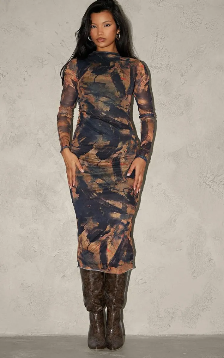 Abstract Ruched Mesh Long Sleeve Midi Dress-PrettyLittleThing Outlet