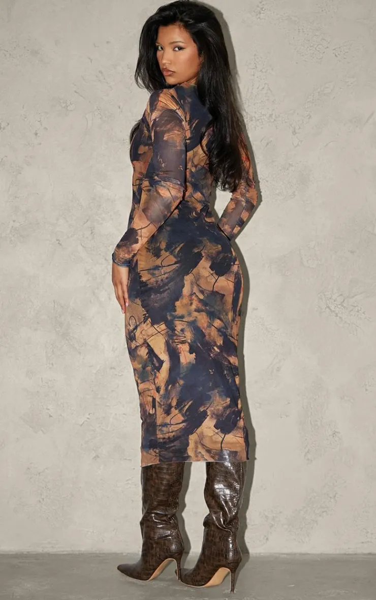 Abstract Ruched Mesh Long Sleeve Midi Dress-PrettyLittleThing Outlet