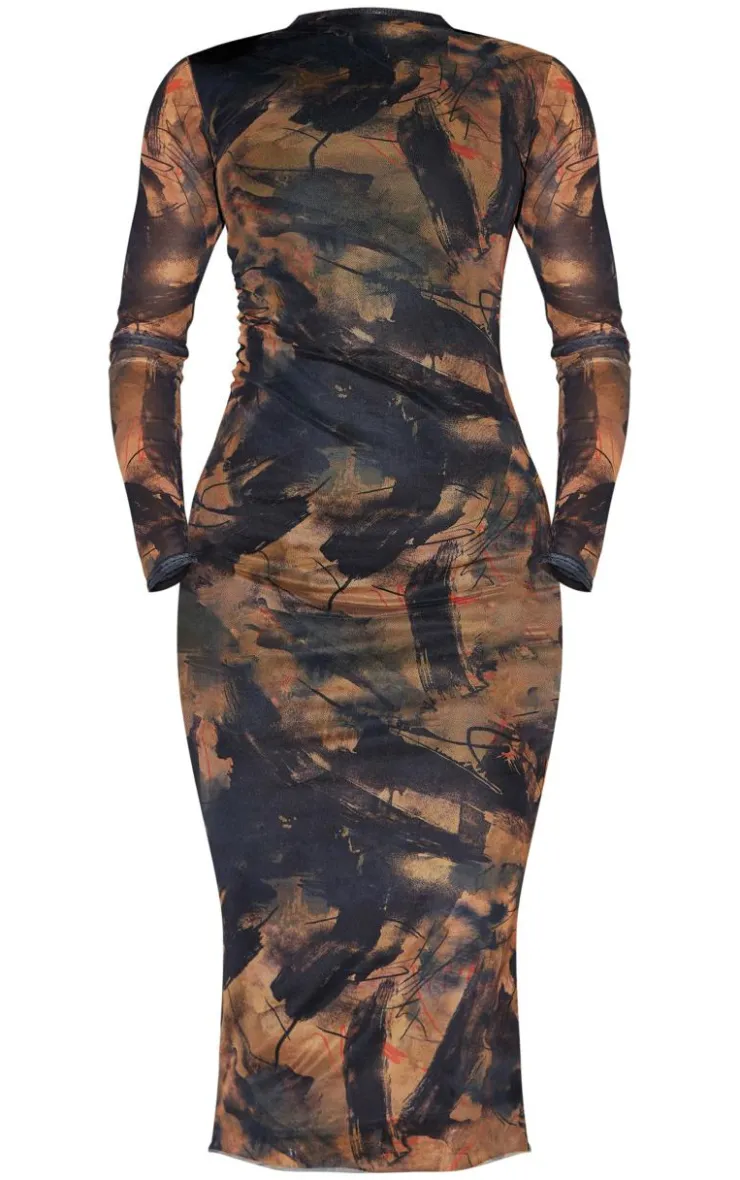 Abstract Ruched Mesh Long Sleeve Midi Dress-PrettyLittleThing Outlet