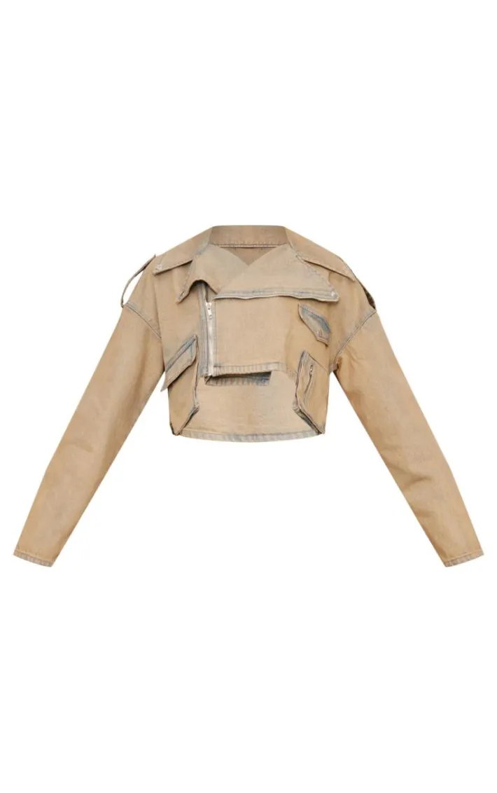Brown Acid Wash Cropped Denim Trench Coat