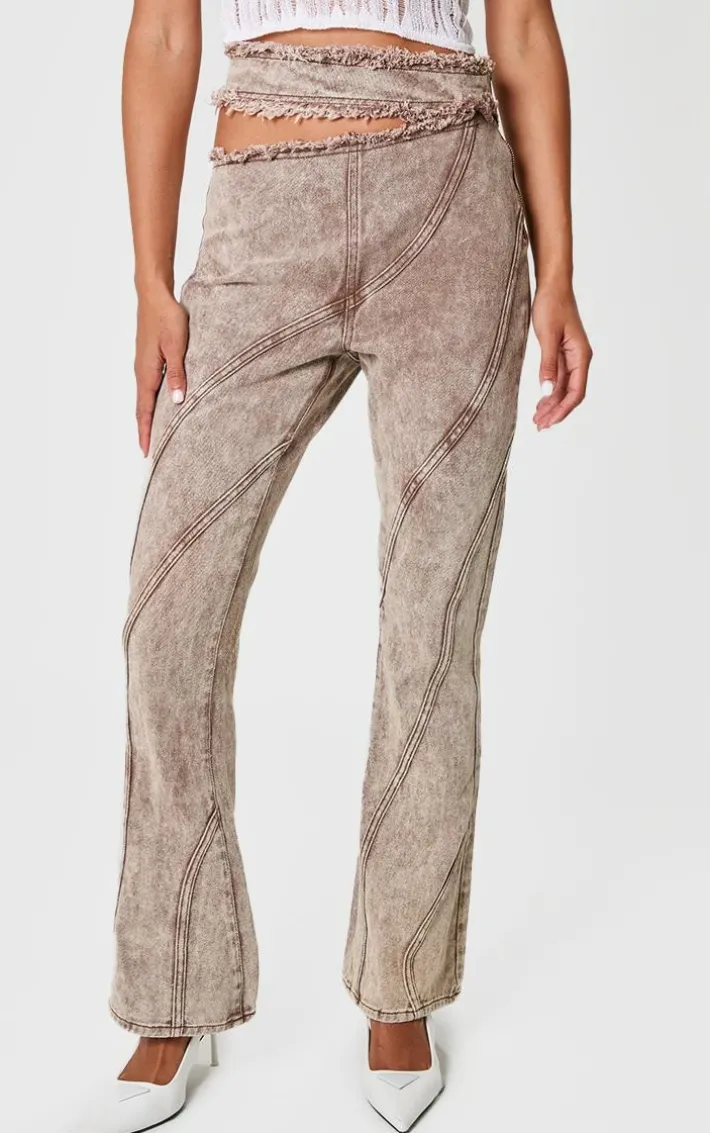 Brown Acid Wash Frayed Edge Cut Out Asymmetric Flared Denim Jeans