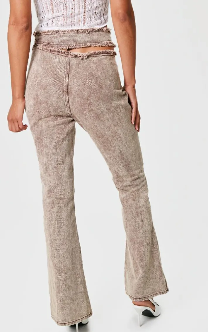 Brown Acid Wash Frayed Edge Cut Out Asymmetric Flared Denim Jeans