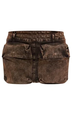 Brown Acid Wash Pocket Detail Low Rise Micro Mini Denim Skirt