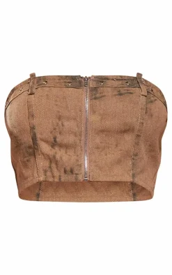 Brown Acid Wash Studded Zip Up Bandeau Crop Top