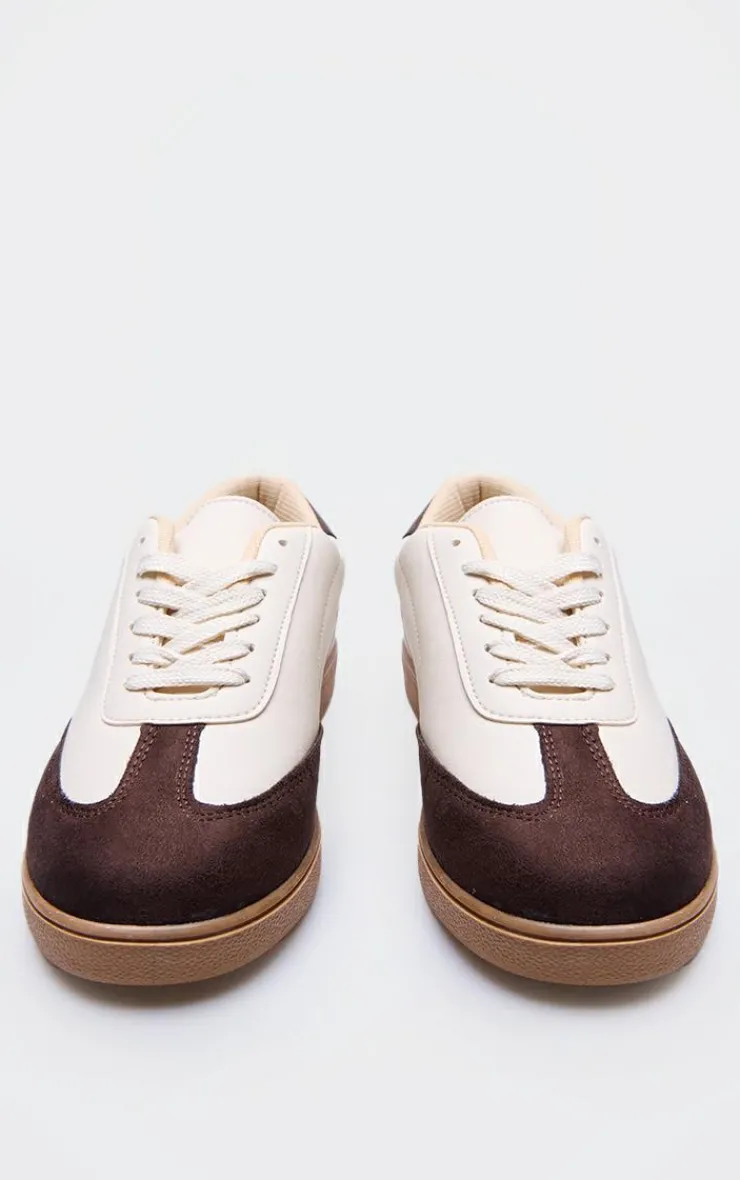 PrettyLittleThing Sneakers*Brown and Cream Pu Contrast Panel Lace Up Sneakers