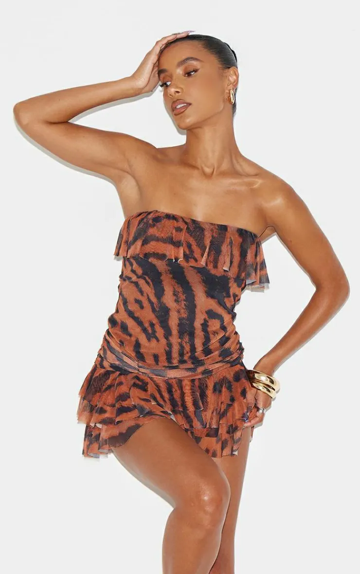 Animal Print Bandeau Frill Hem Mini Dress-PrettyLittleThing Discount