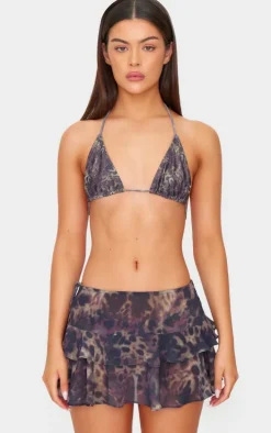 Brown Animal Print Chiffon Ruffle Mini Beach Skirt