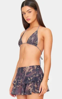 Brown Animal Print Chiffon Ruffle Mini Beach Skirt