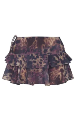 Brown Animal Print Chiffon Ruffle Mini Beach Skirt