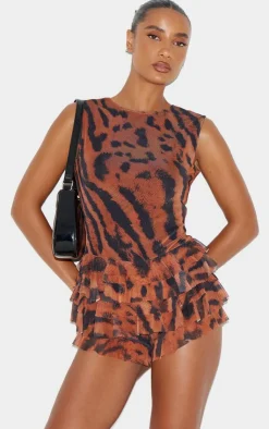 Animal Printed Mesh Rara Romper-PrettyLittleThing Outlet