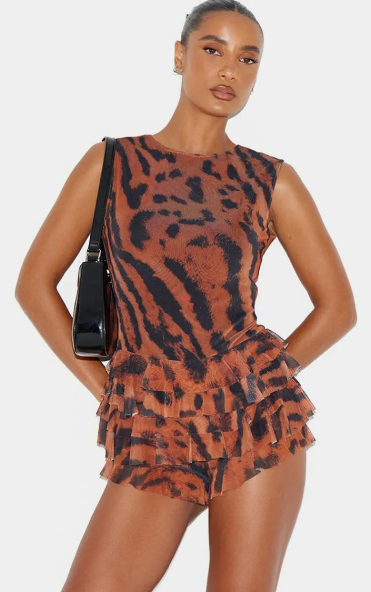 Animal Printed Mesh Rara Romper-PrettyLittleThing Outlet