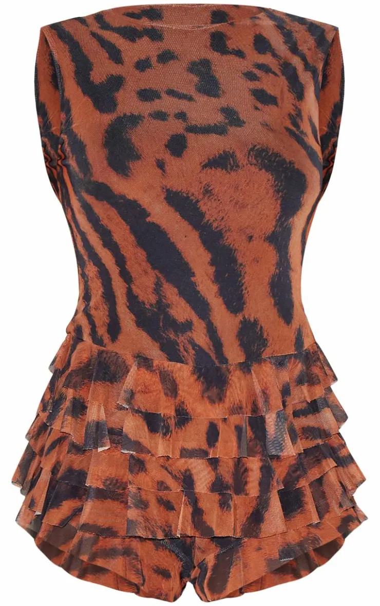 Animal Printed Mesh Rara Romper-PrettyLittleThing Outlet