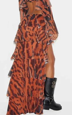Animal Printed Mesh Rara Waterfall Hem Maxi Skirt-PrettyLittleThing