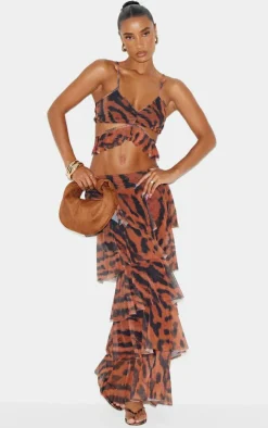 Brown Animal Printed Mesh Frill Wrap Detail Crop Top