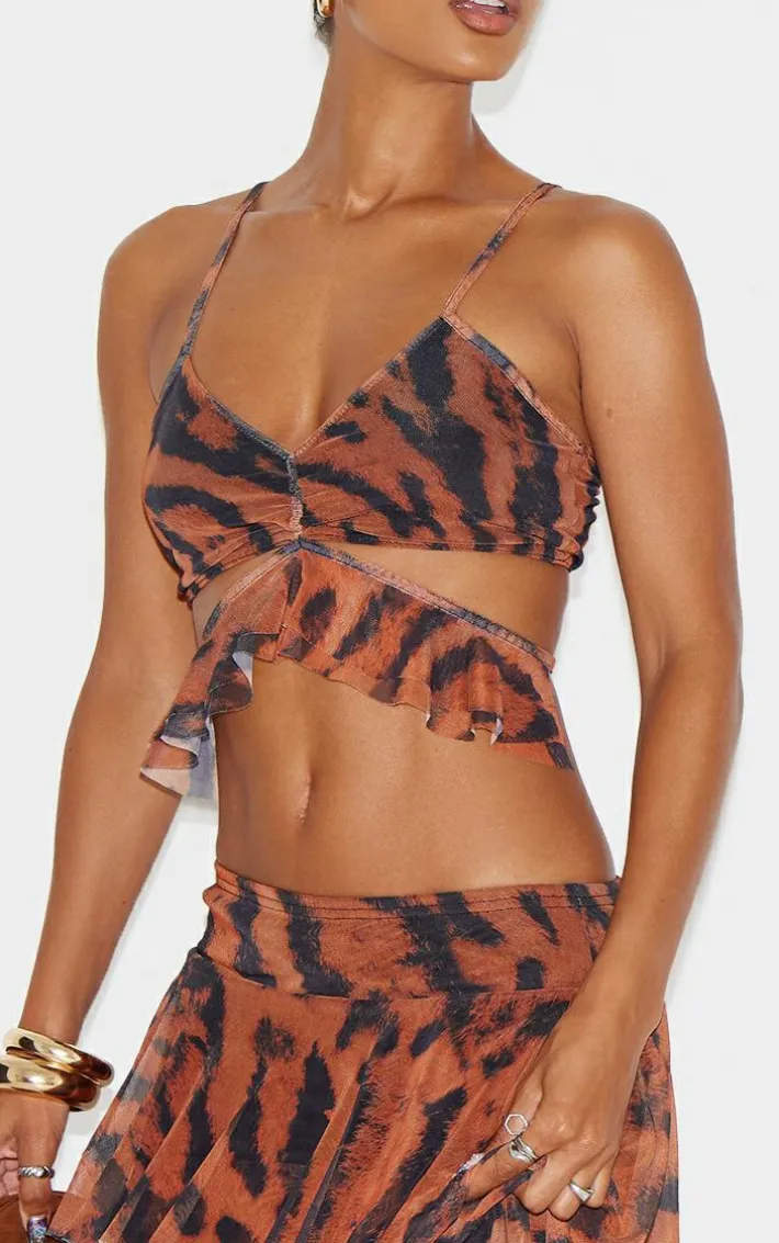 Brown Animal Printed Mesh Frill Wrap Detail Crop Top