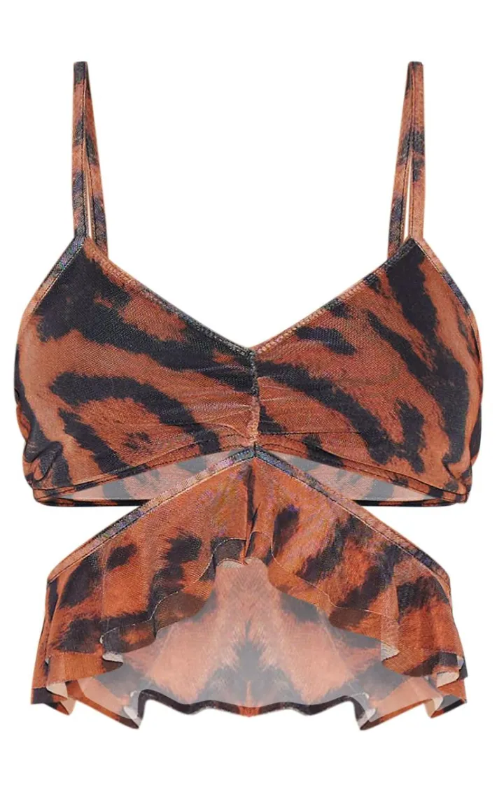 Brown Animal Printed Mesh Frill Wrap Detail Crop Top