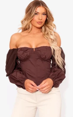 PrettyLittleThing Shirts*Bardot Sleeve Chiffon Insert Shirt