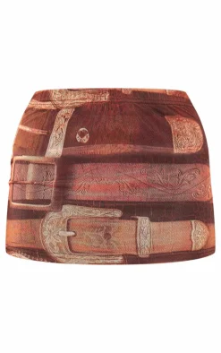 Brown Belt Printed Lined Mesh Mini Skirt