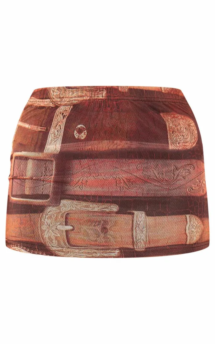 Brown Belt Printed Lined Mesh Mini Skirt