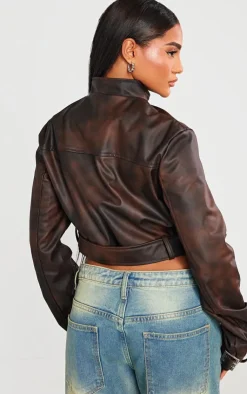 PrettyLittleThing Faux Leather Jackets*Bleach Effect Faux Leather Belt Detail Biker Jacket