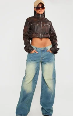 PrettyLittleThing Faux Leather Jackets*Bleach Effect Faux Leather Belt Detail Biker Jacket