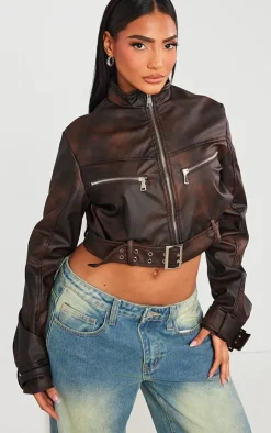 PrettyLittleThing Faux Leather Jackets*Bleach Effect Faux Leather Belt Detail Biker Jacket