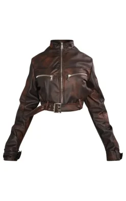 PrettyLittleThing Faux Leather Jackets*Bleach Effect Faux Leather Belt Detail Biker Jacket