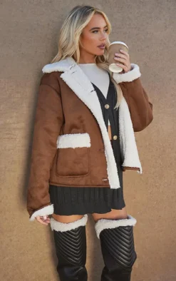 PrettyLittleThing Winter Coats & Jackets*Borg Lined Faux Suede Coat