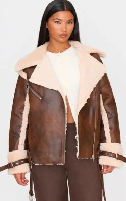 PrettyLittleThing Aviator Jackets*Borg Trim Belted Hem Faux Leather Aviator Jacket