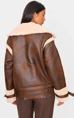 PrettyLittleThing Aviator Jackets*Borg Trim Belted Hem Faux Leather Aviator Jacket