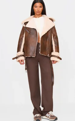 PrettyLittleThing Aviator Jackets*Borg Trim Belted Hem Faux Leather Aviator Jacket