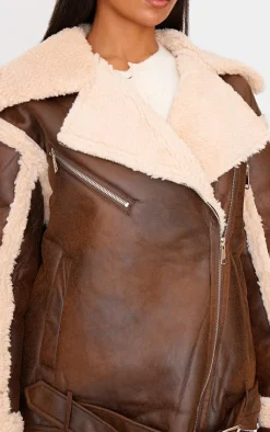 PrettyLittleThing Aviator Jackets*Borg Trim Belted Hem Faux Leather Aviator Jacket