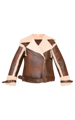 PrettyLittleThing Aviator Jackets*Borg Trim Belted Hem Faux Leather Aviator Jacket