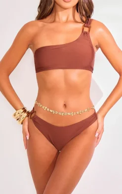 Brown Buckle Trim One Shoulder Bikini Top