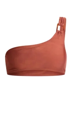 Brown Buckle Trim One Shoulder Bikini Top