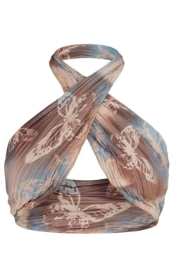 PrettyLittleThing Butterfly Print Plisse Cross Over Halterneck Top Brown