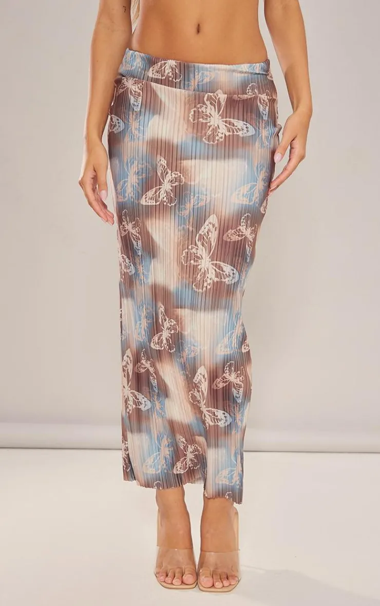 New PrettyLittleThing Butterfly Print Plisse Low Rise Midaxi Skirt Brown