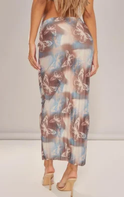 New PrettyLittleThing Butterfly Print Plisse Low Rise Midaxi Skirt Brown