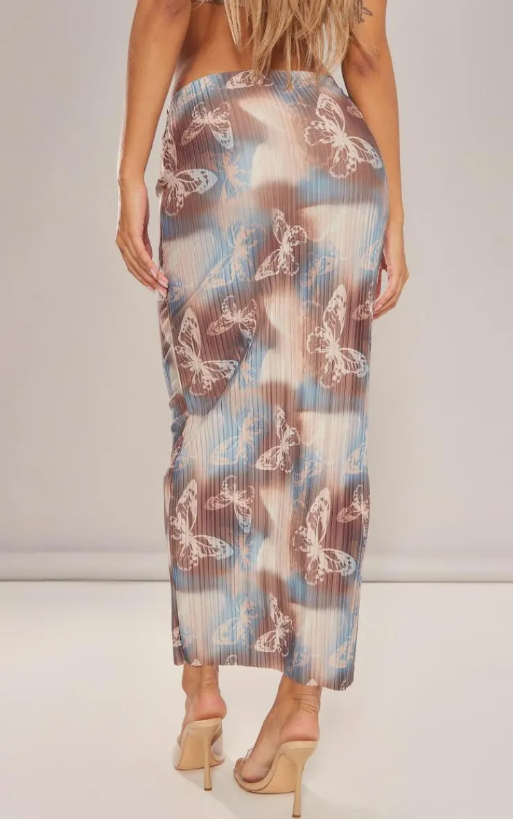 New PrettyLittleThing Butterfly Print Plisse Low Rise Midaxi Skirt Brown