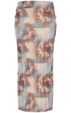 New PrettyLittleThing Butterfly Print Plisse Low Rise Midaxi Skirt Brown
