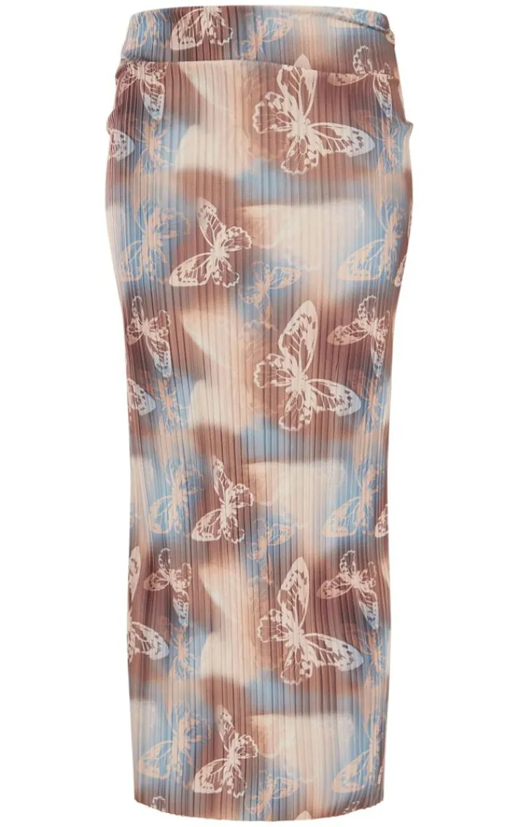 New PrettyLittleThing Butterfly Print Plisse Low Rise Midaxi Skirt Brown
